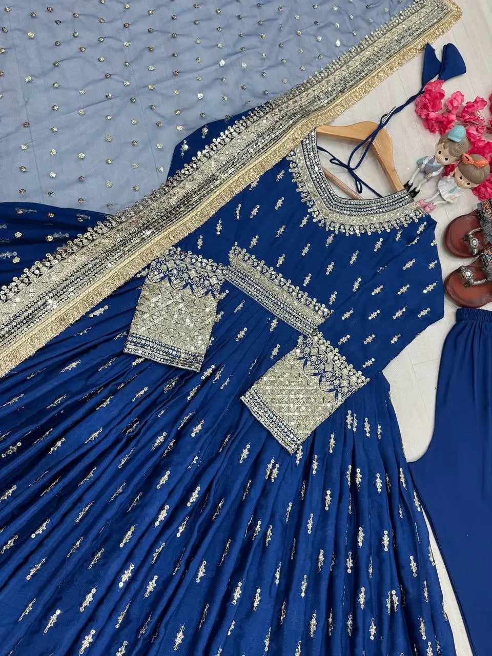 Embroidered Chinon Silk Gown Set