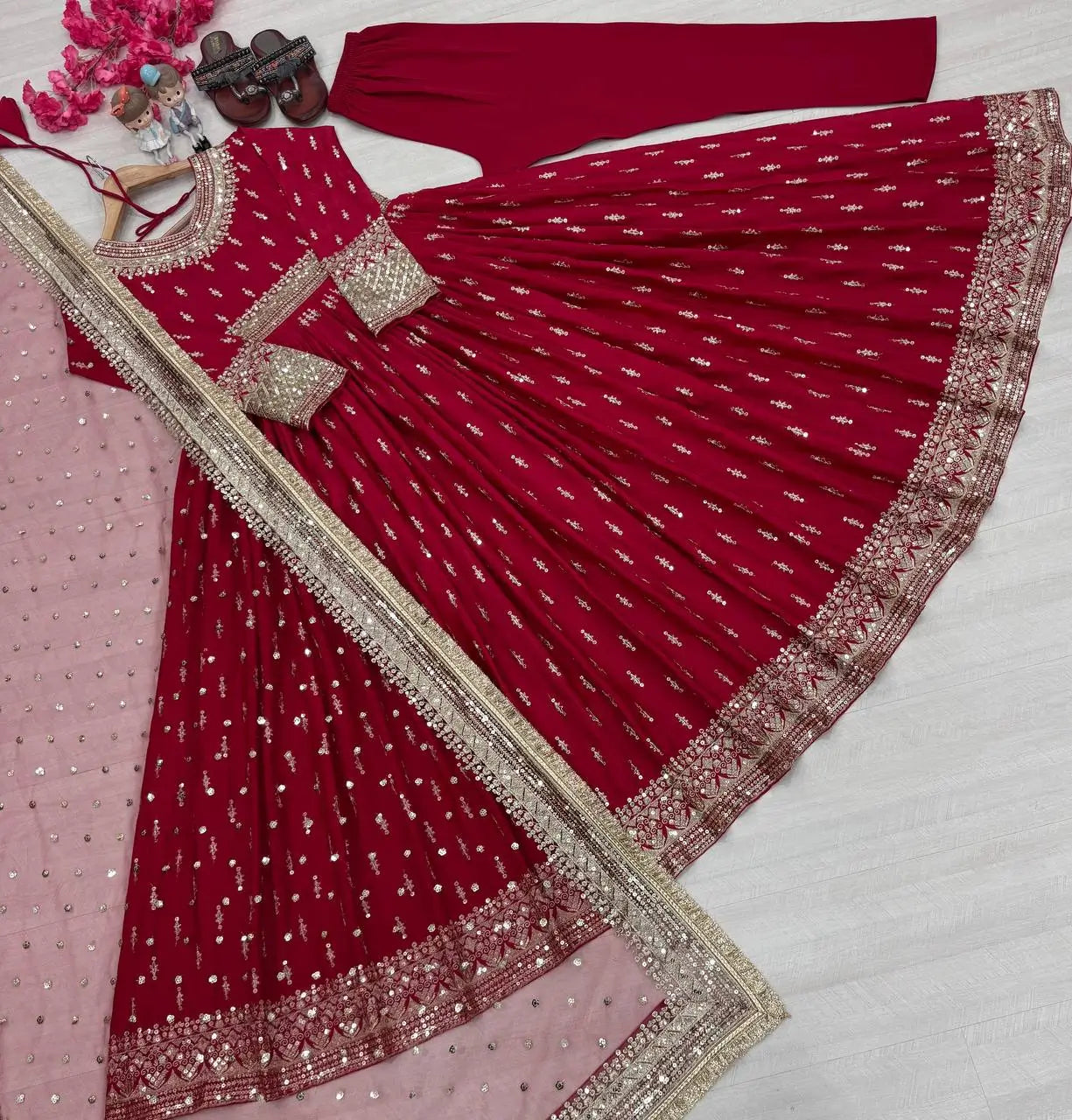 Embroidered Chinon Silk Gown Set