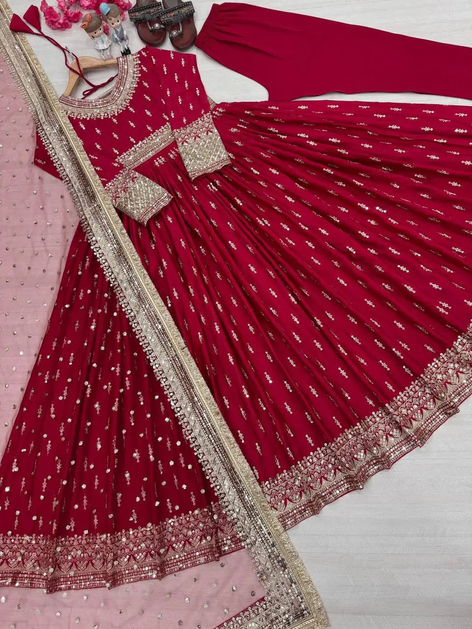 Embroidered Chinon Silk Gown Set