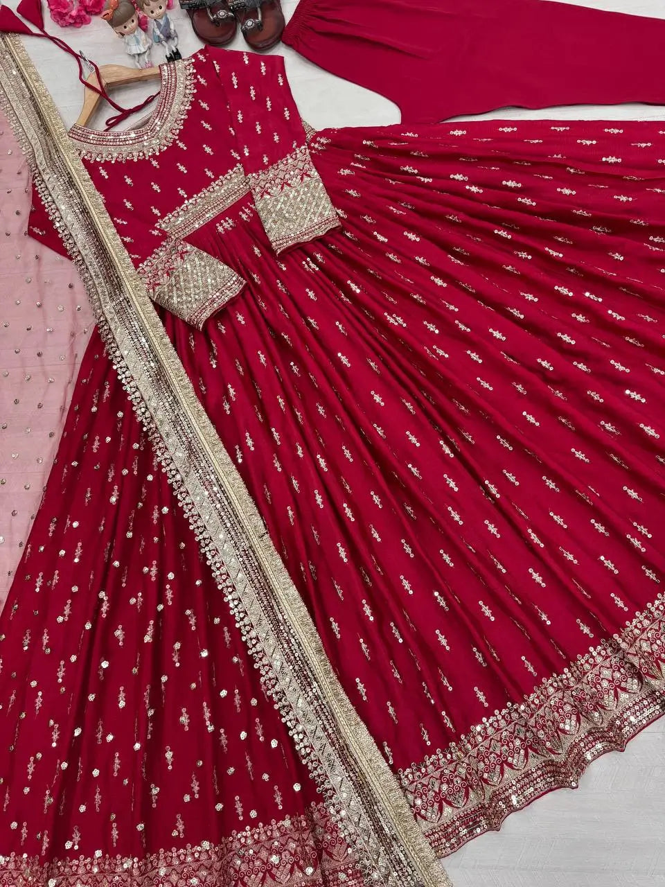 Embroidered Chinon Silk Gown Set