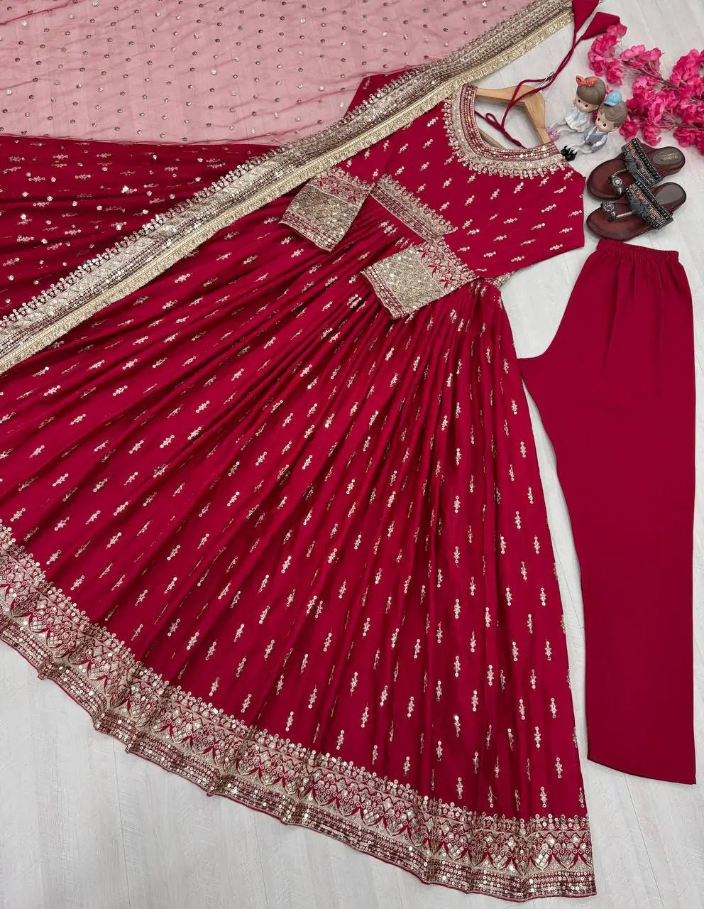 Embroidered Chinon Silk Gown Set