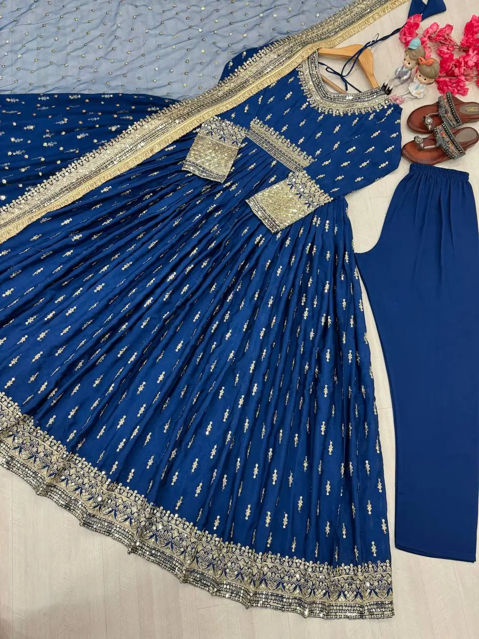Embroidered Chinon Silk Gown Set