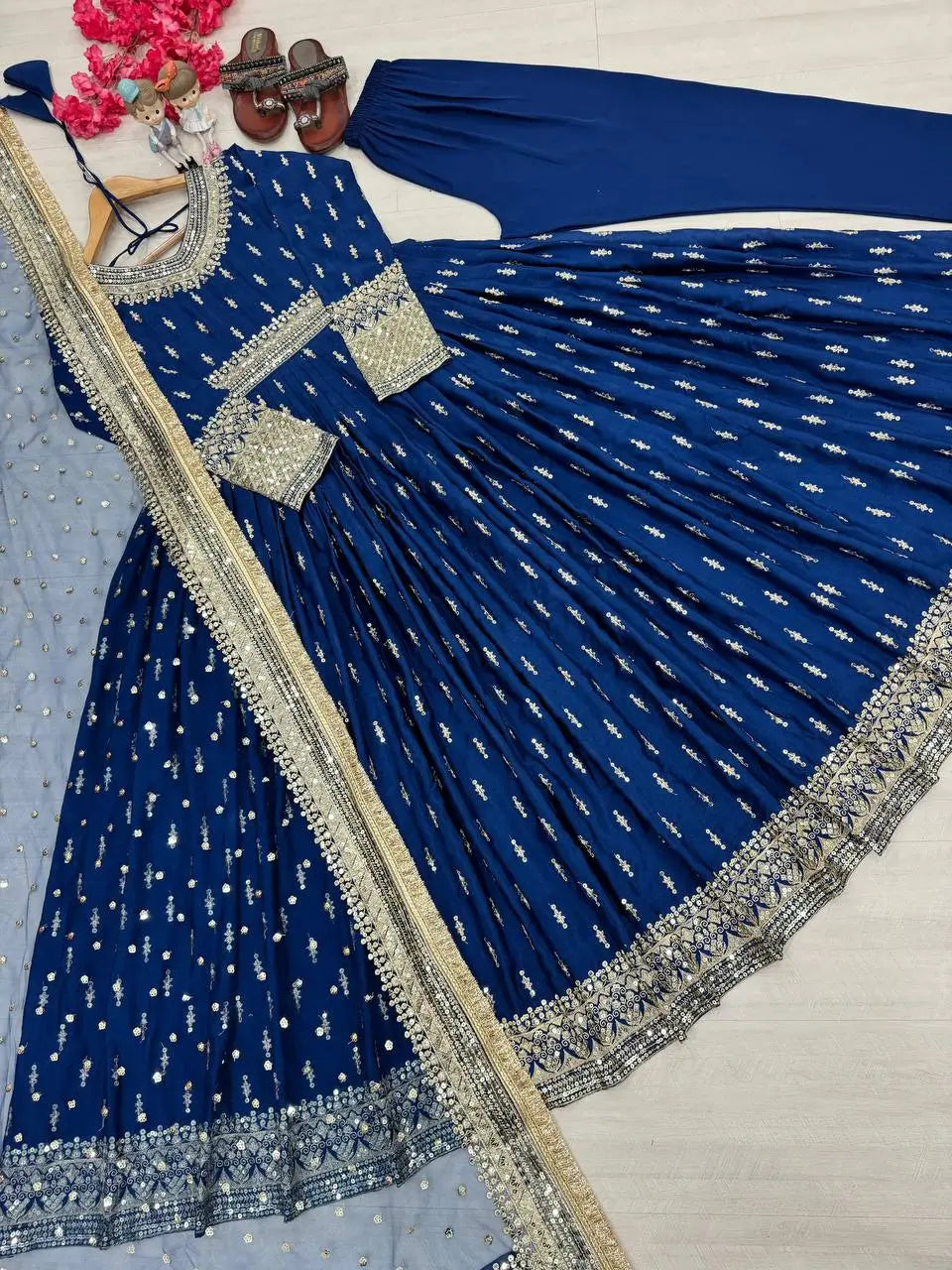 Embroidered Chinon Silk Gown Set