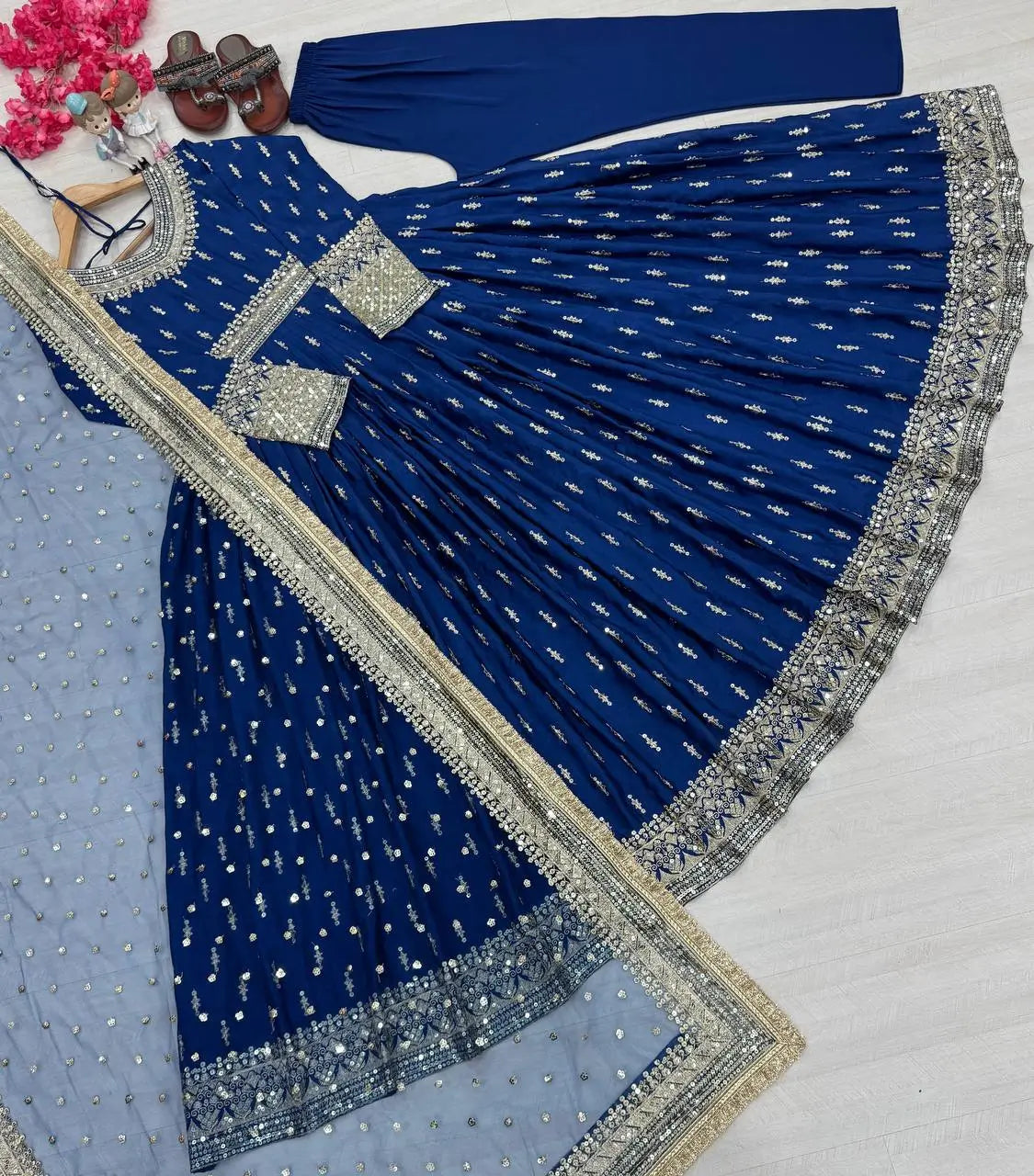Embroidered Chinon Silk Gown Set