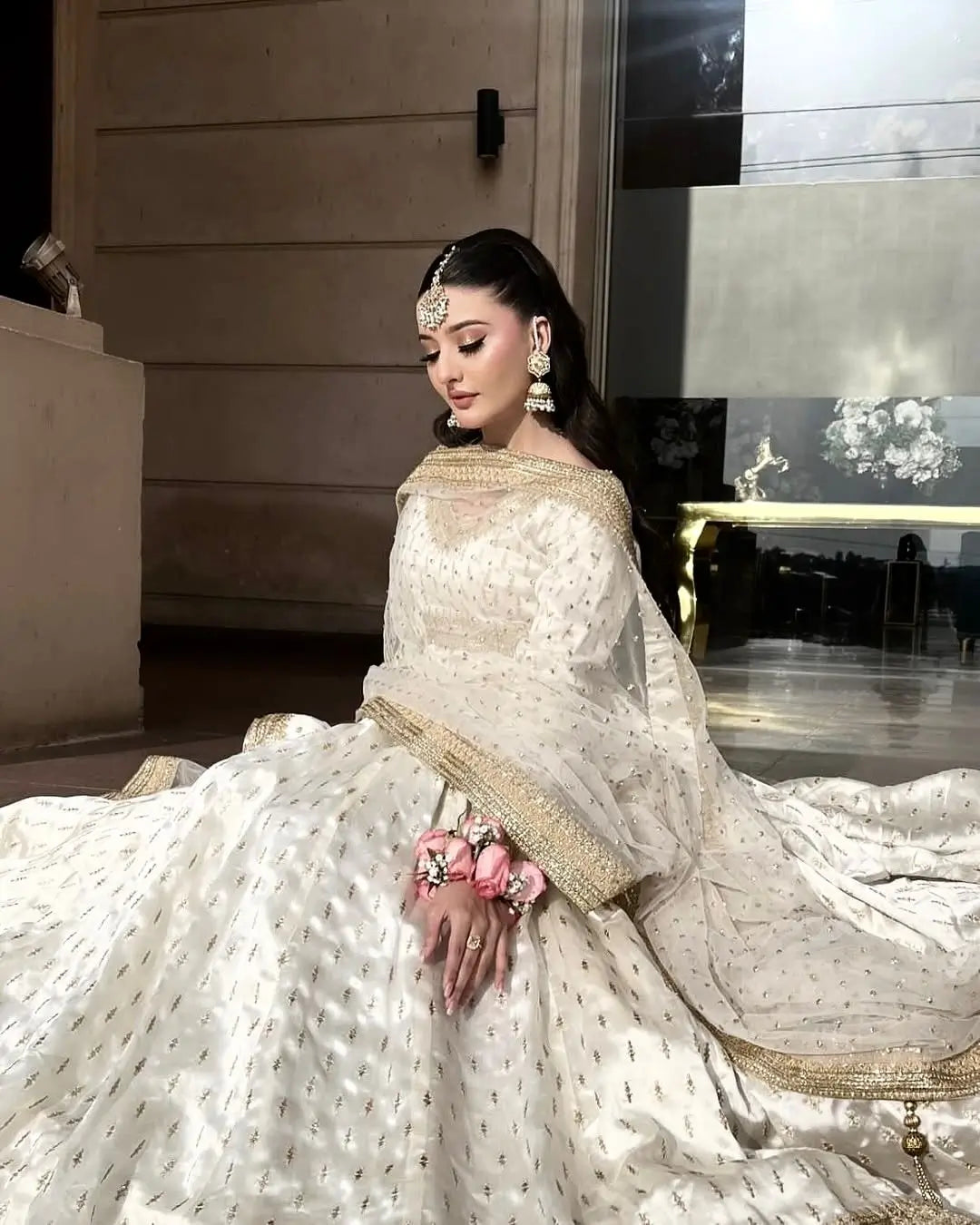 Embroidered Chinon Silk Gown Set