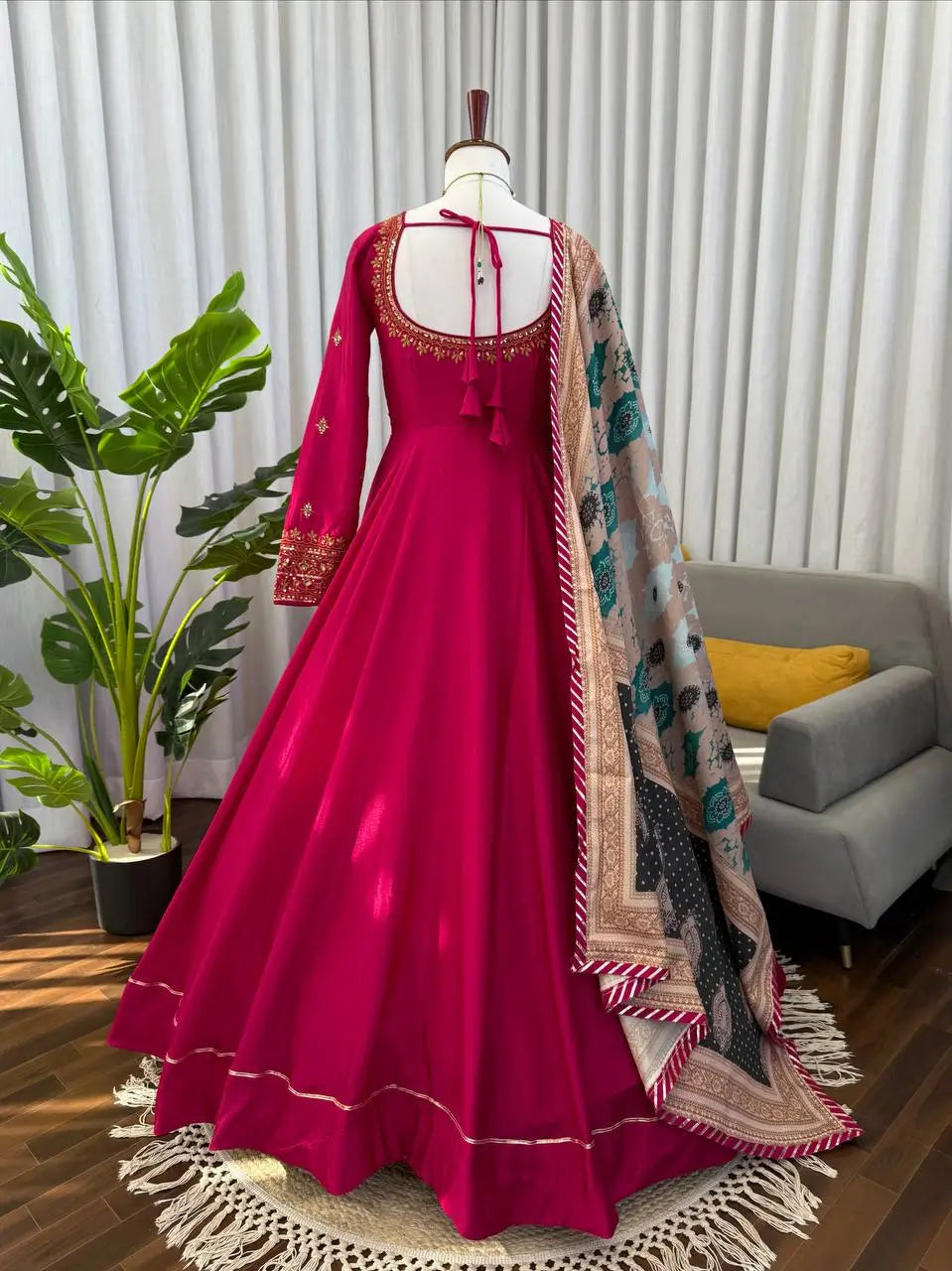 Embroidered Chinon Silk Gown Set with Dupatta