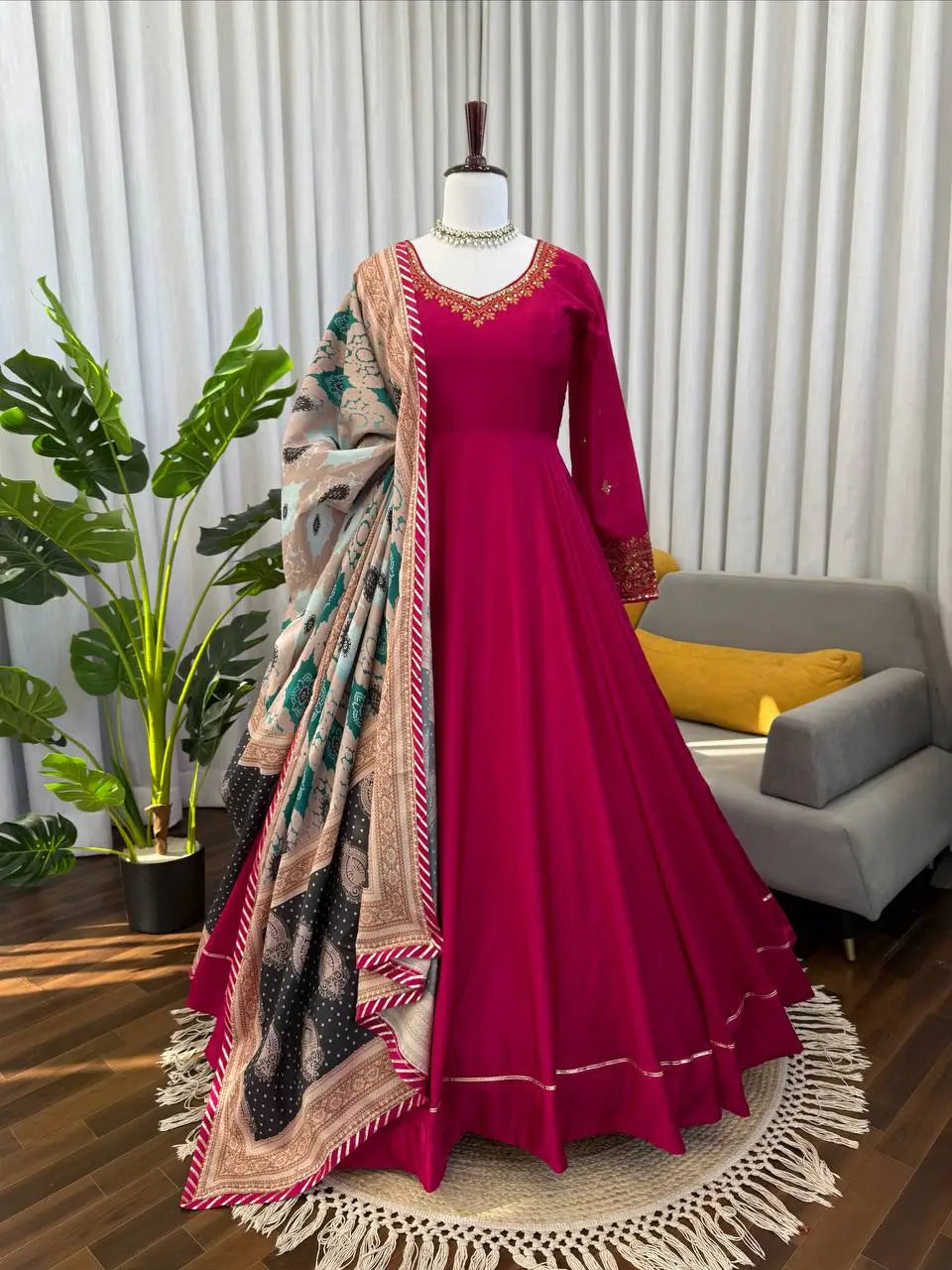 Embroidered Chinon Silk Gown Set with Dupatta