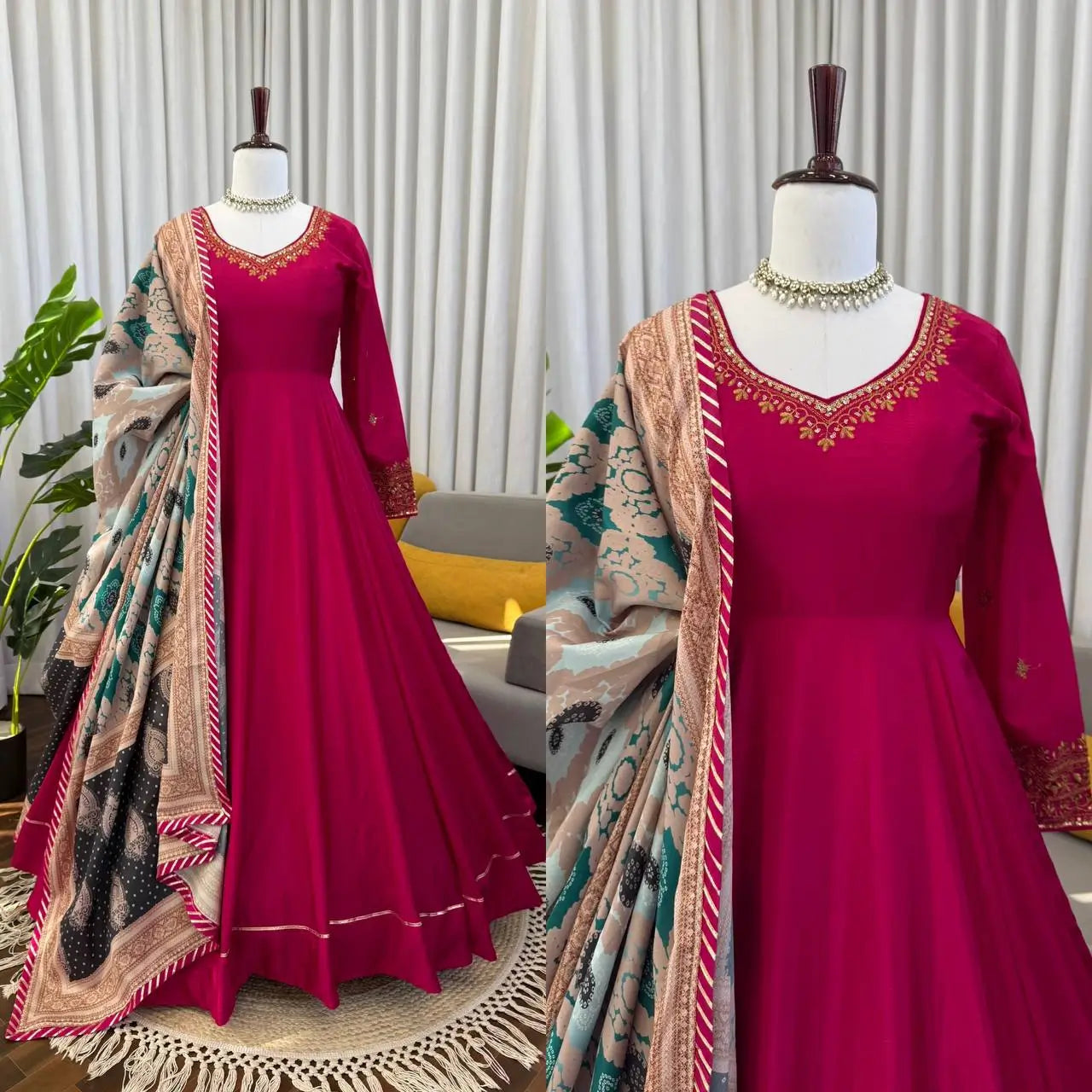 Embroidered Chinon Silk Gown Set with Dupatta