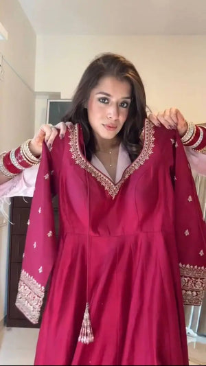 Embroidered Chinon Silk Gown Set with Dupatta