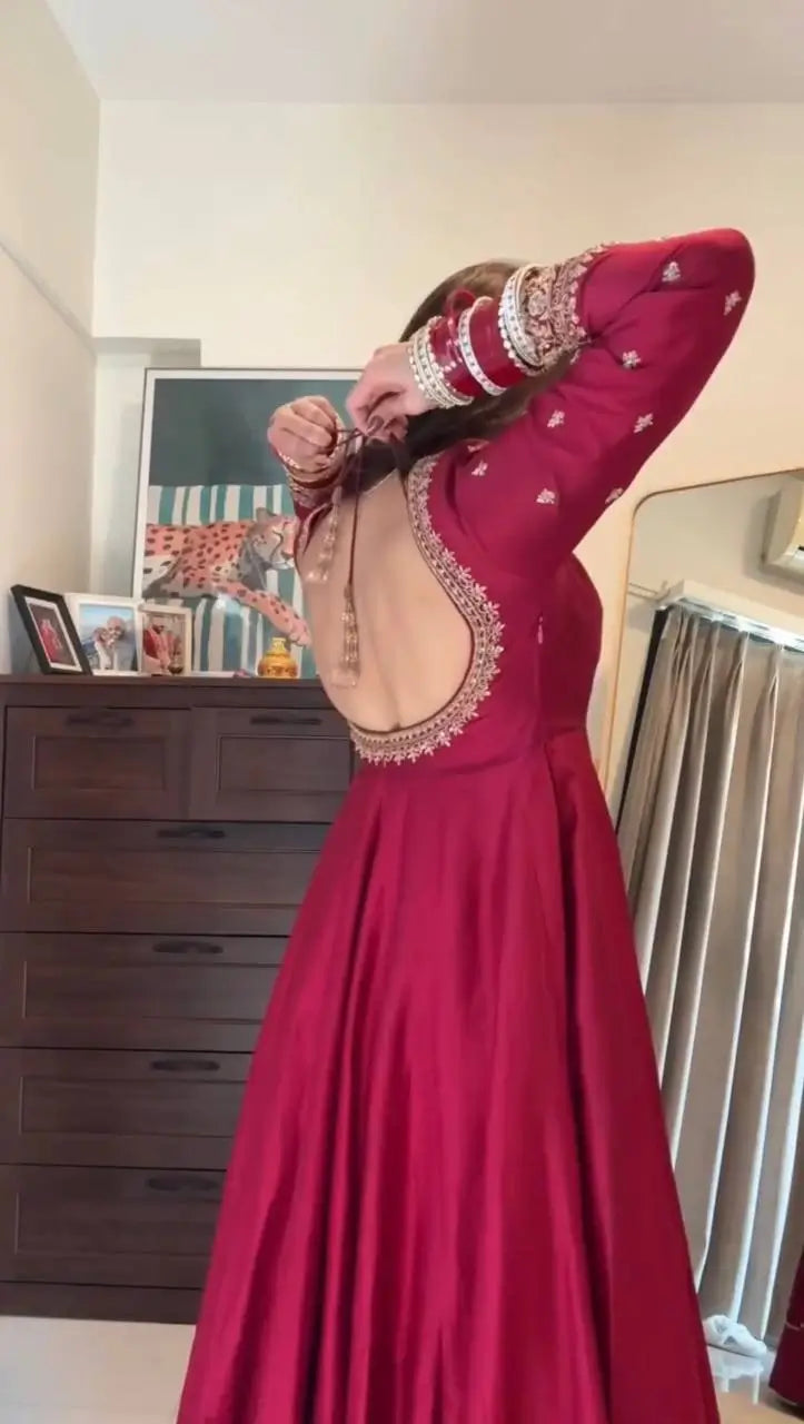 Embroidered Chinon Silk Gown Set with Dupatta