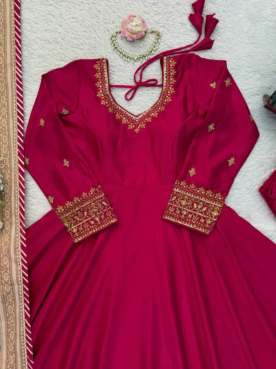 Embroidered Chinon Silk Gown Set with Dupatta