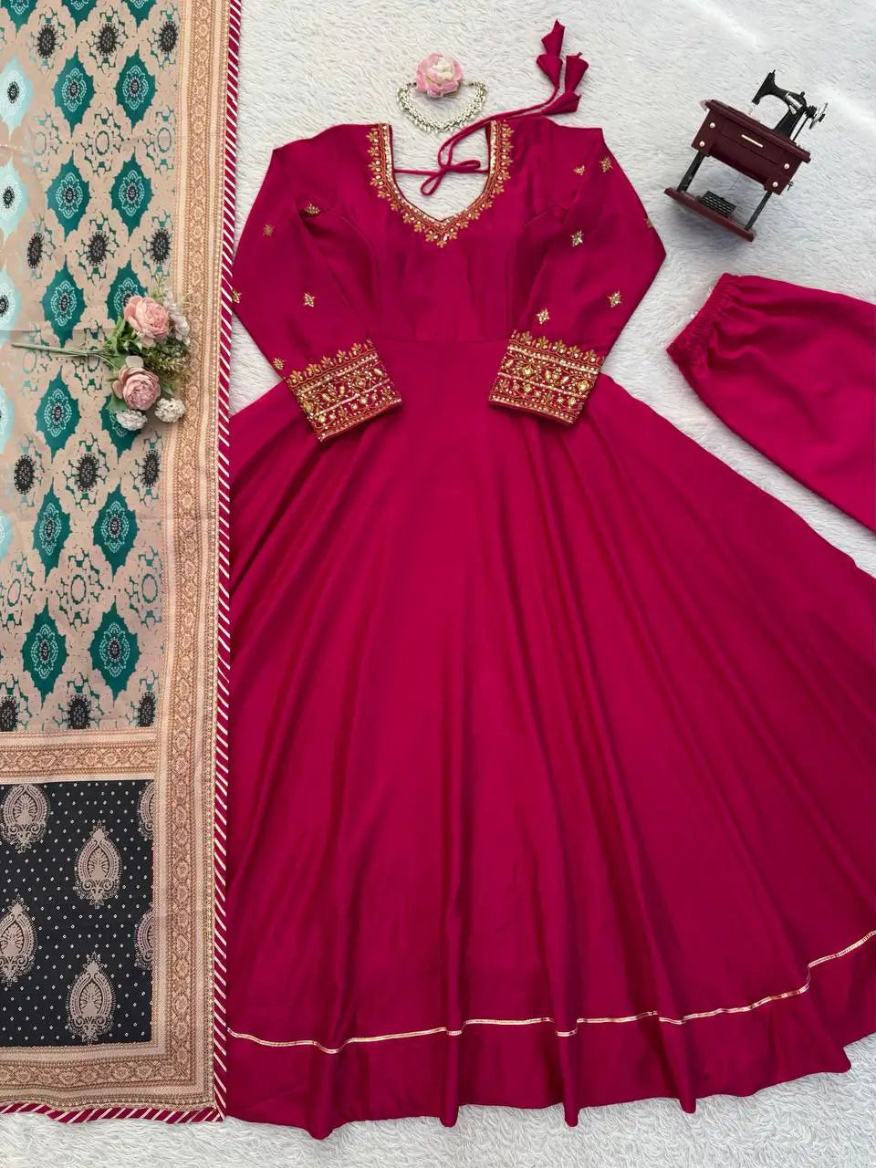 Embroidered Chinon Silk Gown Set with Dupatta