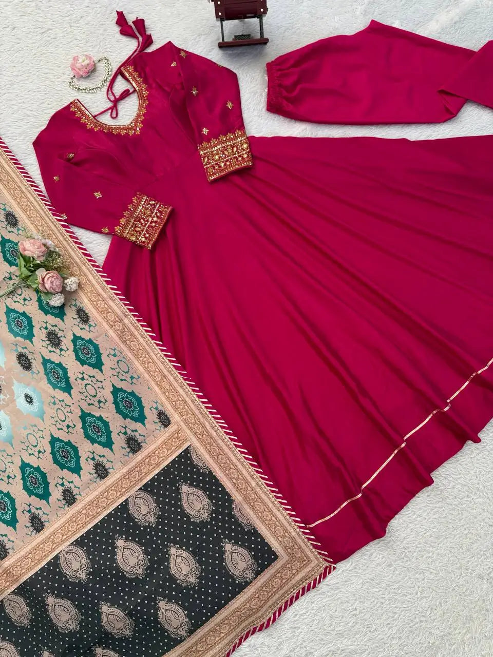 Embroidered Chinon Silk Gown Set with Dupatta