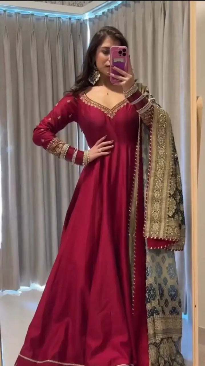 Embroidered Chinon Silk Gown Set with Dupatta