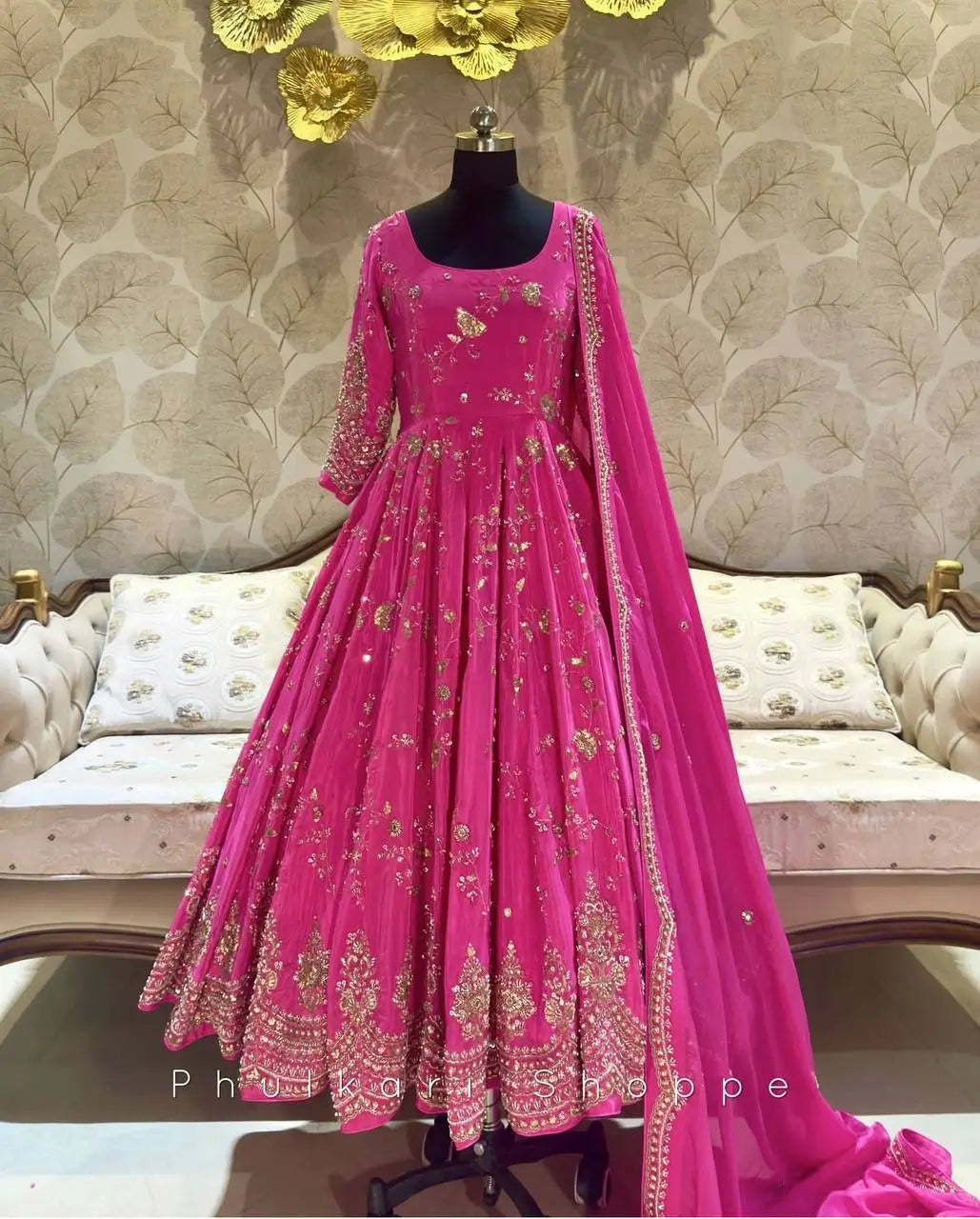 Embroidered Chinon Silk Gown Set