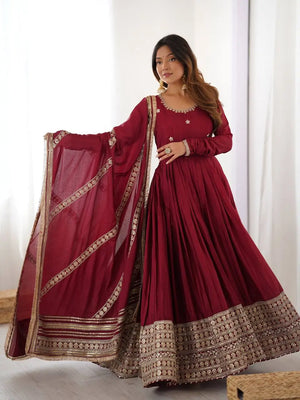 Embroidered Chinon Silk Gown Set