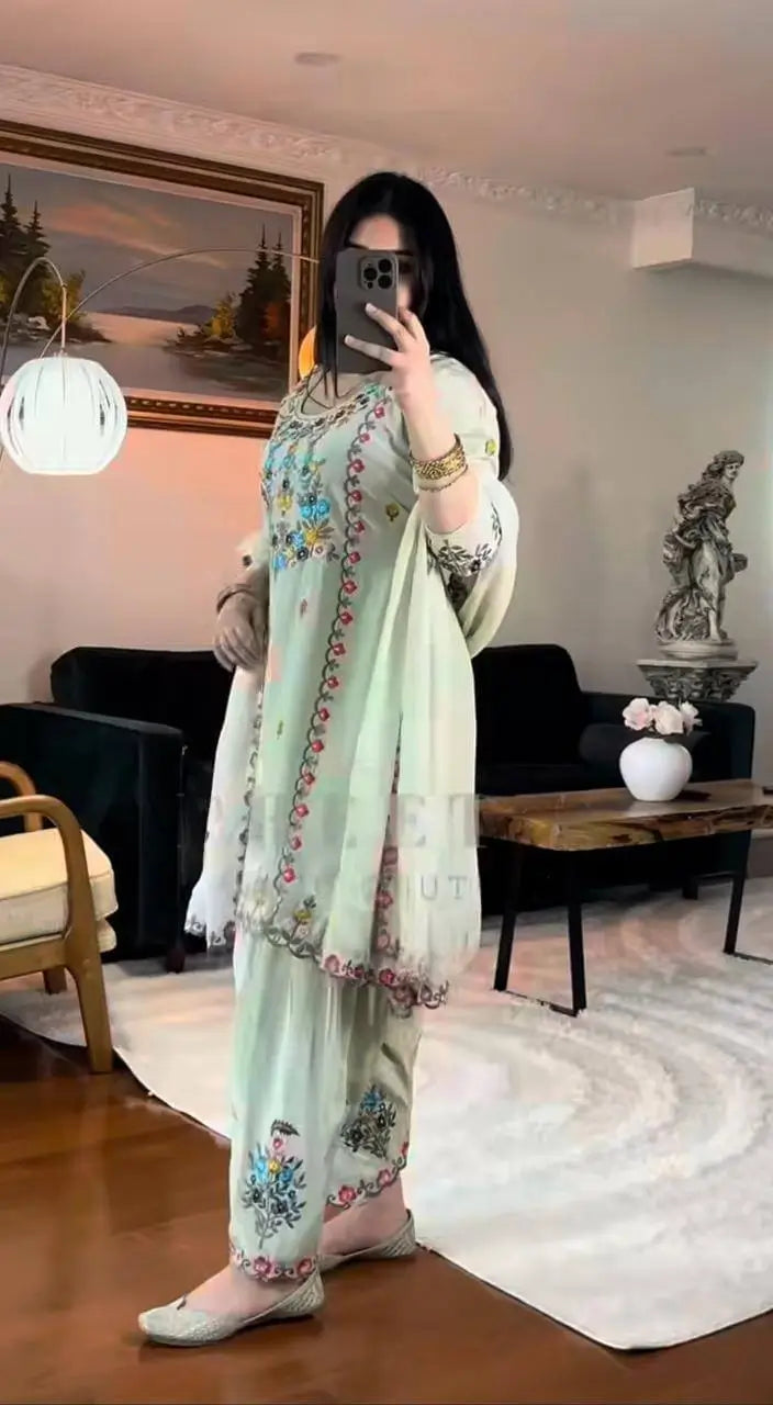 Embroidered Chinon Silk Kurti Dhoti Set with Dupatta – Festive Wear