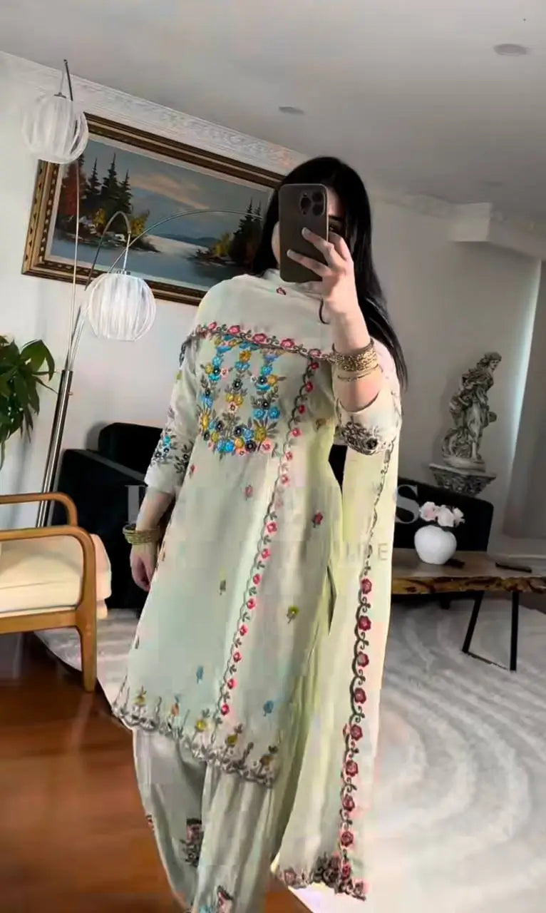 Embroidered Chinon Silk Kurti Dhoti Set with Dupatta – Festive Wear