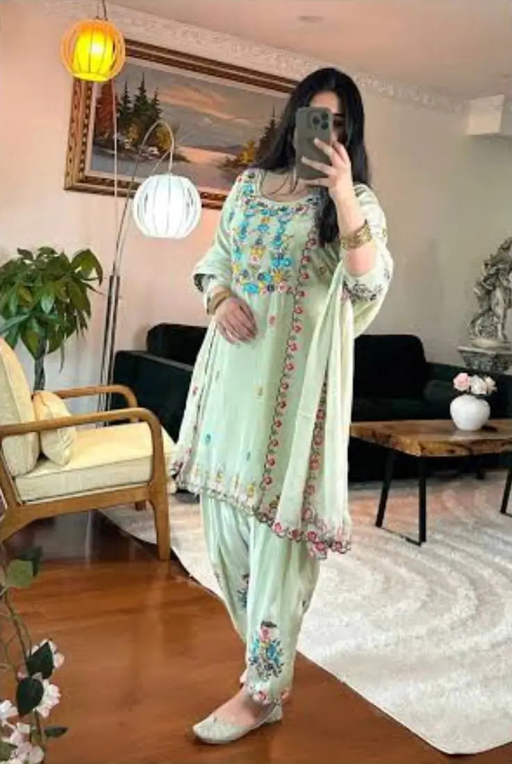 Embroidered Chinon Silk Kurti Dhoti Set with Dupatta – Festive Wear
