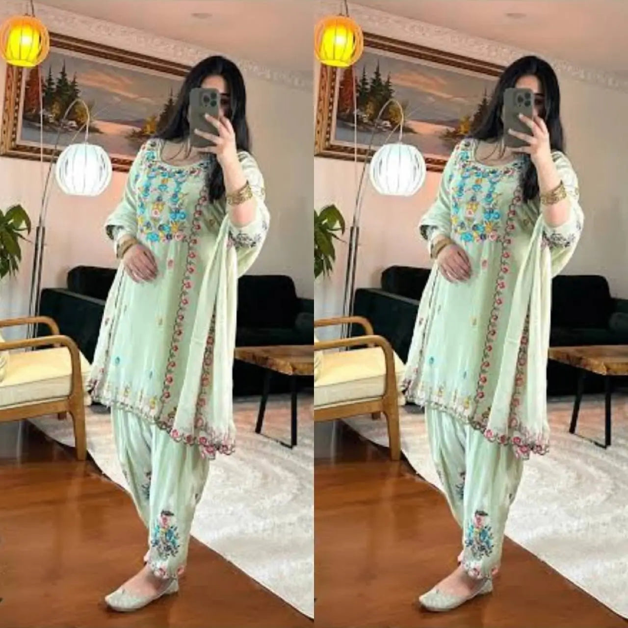 Embroidered Chinon Silk Kurti Dhoti Set with Dupatta – Festive Wear