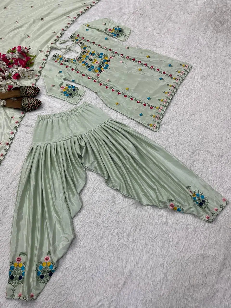 Embroidered Chinon Silk Kurti Dhoti Set with Dupatta – Festive Wear