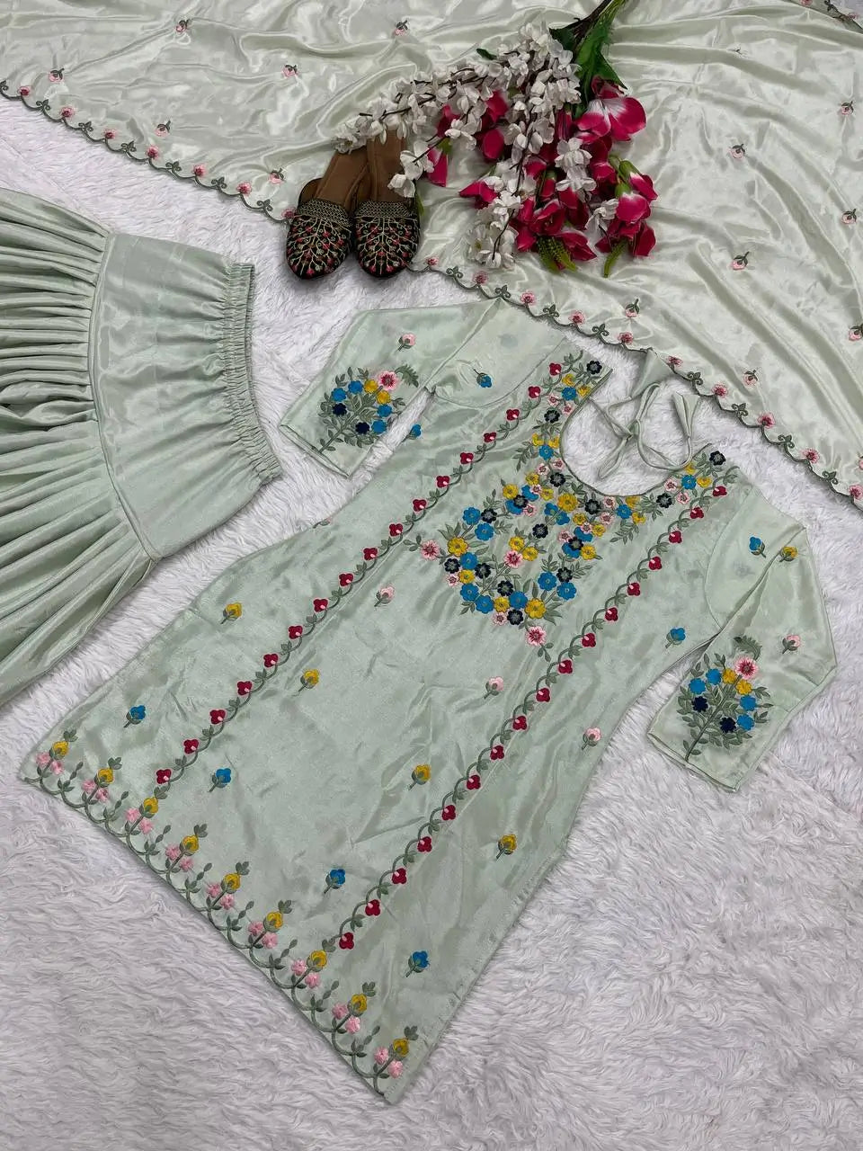 Embroidered Chinon Silk Kurti Dhoti Set with Dupatta – Festive Wear