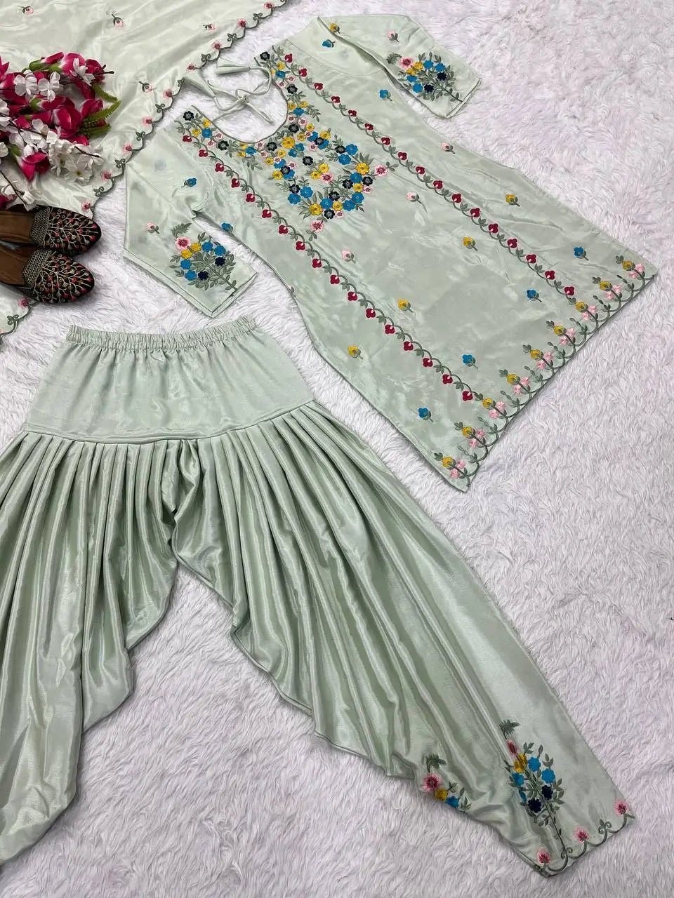 Embroidered Chinon Silk Kurti Dhoti Set with Dupatta – Festive Wear