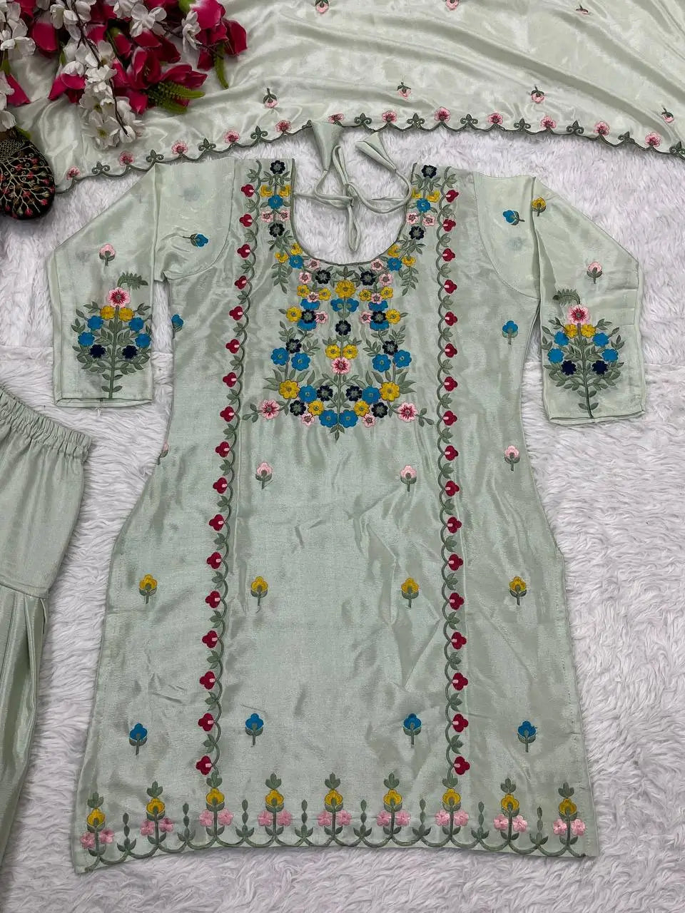 Embroidered Chinon Silk Kurti Dhoti Set with Dupatta – Festive Wear