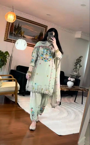Embroidered Chinon Silk Kurti Dhoti Set with Dupatta – Festive Wear