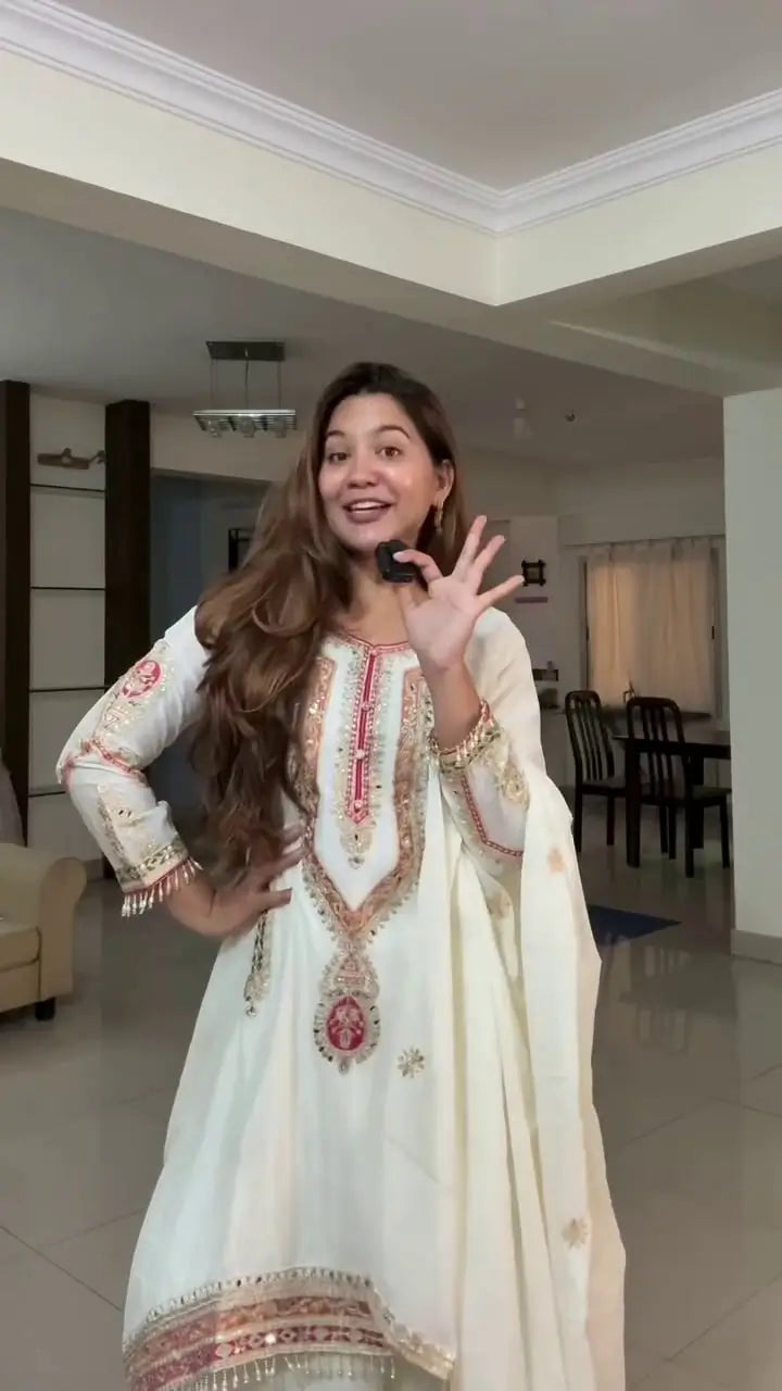 Embroidered Chinon Silk Kurti Palazzo Set with Dupatta