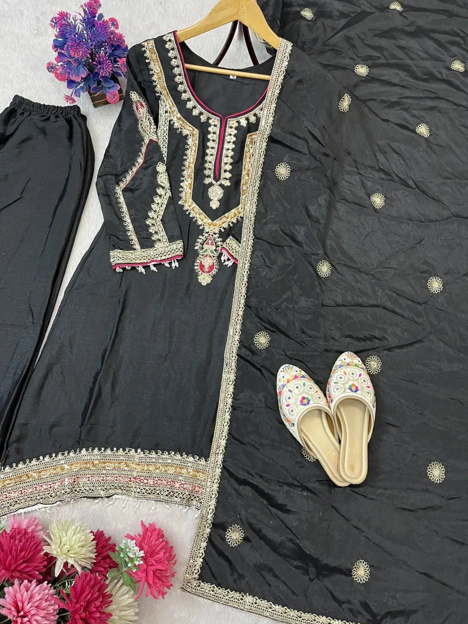 Embroidered Chinon Silk Kurti Palazzo Set with Dupatta