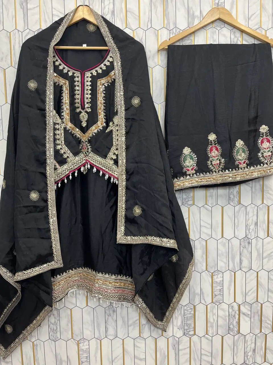 Embroidered Chinon Silk Kurti Palazzo Set with Dupatta