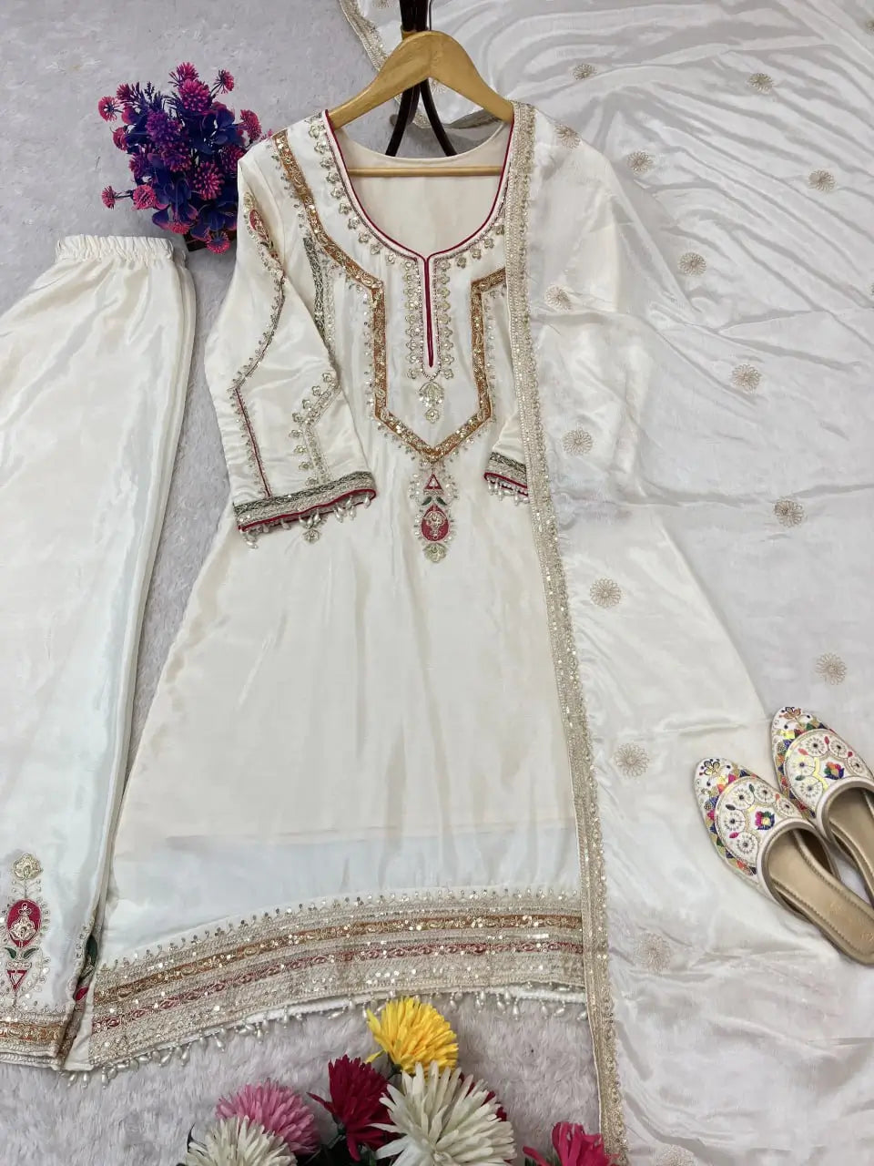 Embroidered Chinon Silk Kurti Palazzo Set with Dupatta
