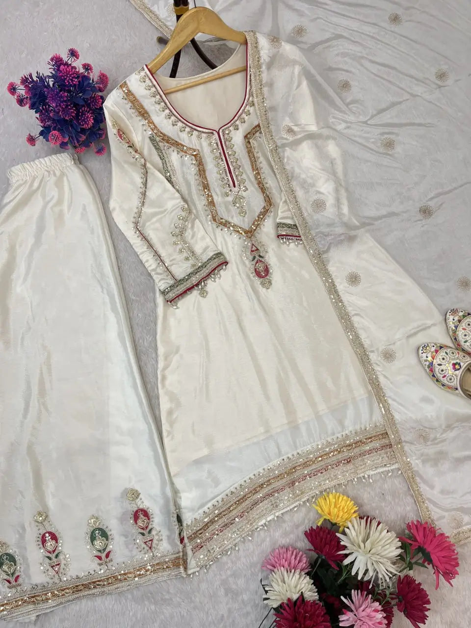 Embroidered Chinon Silk Kurti Palazzo Set with Dupatta