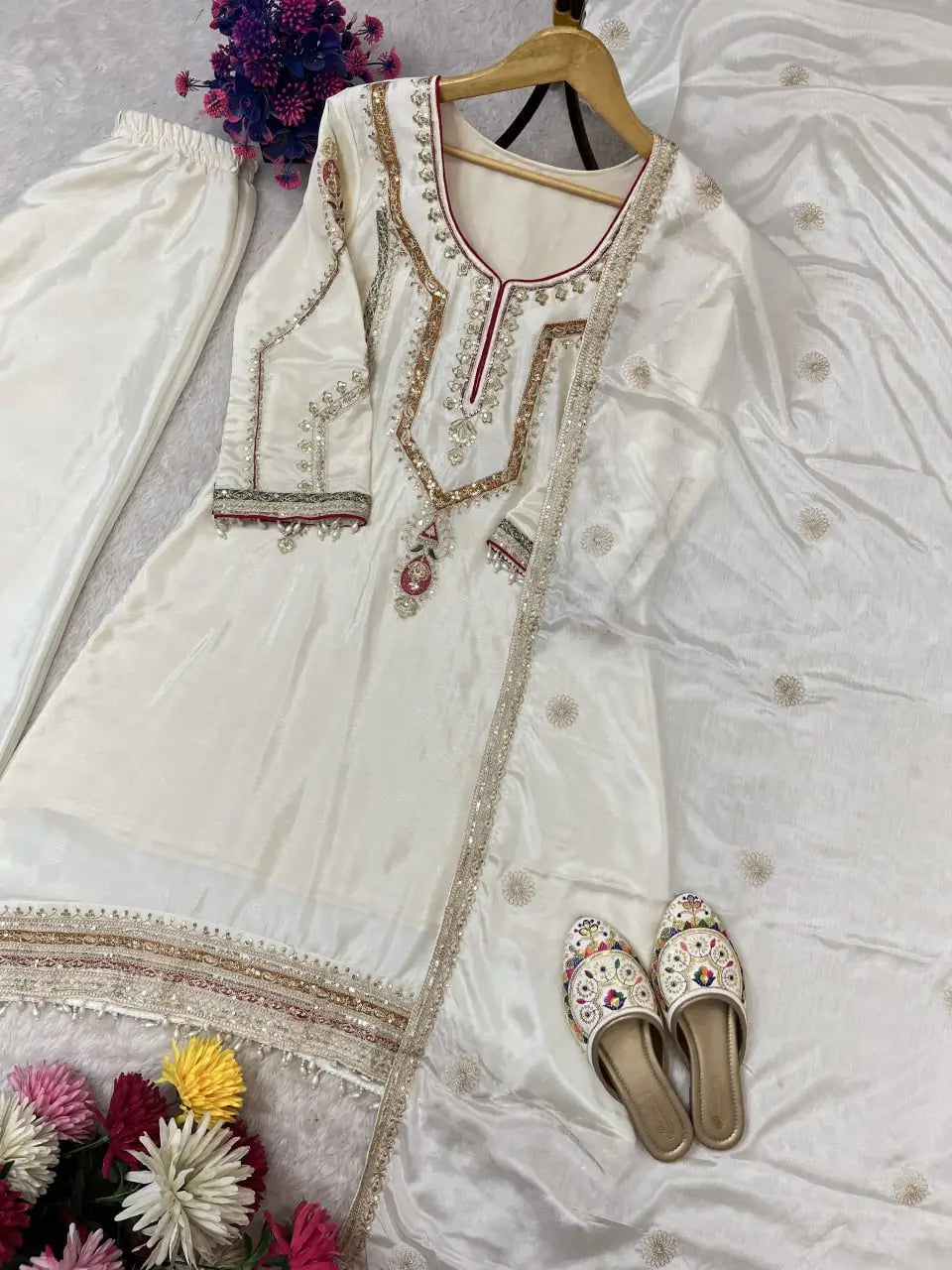 Embroidered Chinon Silk Kurti Palazzo Set with Dupatta