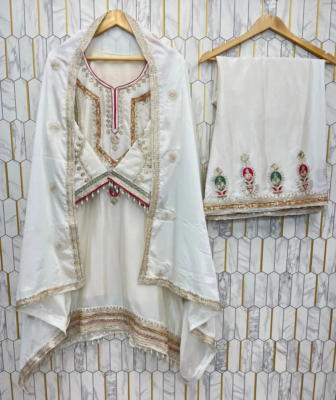 Embroidered Chinon Silk Kurti Palazzo Set with Dupatta