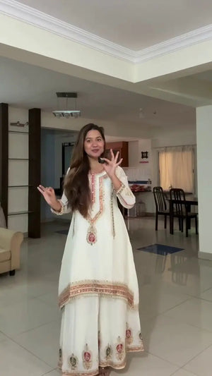 Embroidered Chinon Silk Kurti Palazzo Set with Dupatta