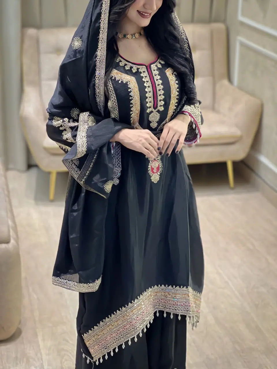 Embroidered Chinon Silk Kurti Palazzo Set with Dupatta