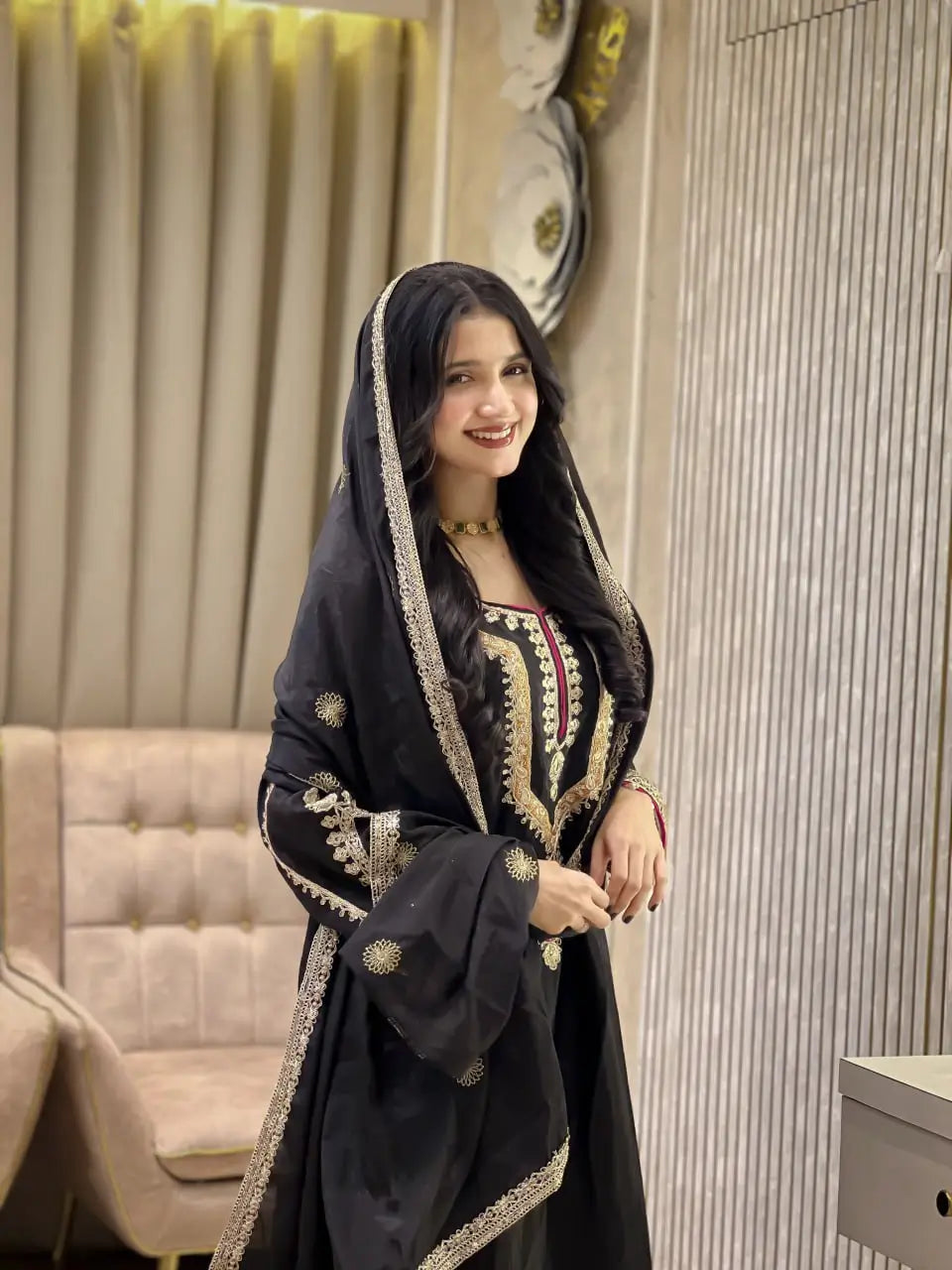 Embroidered Chinon Silk Kurti Palazzo Set with Dupatta