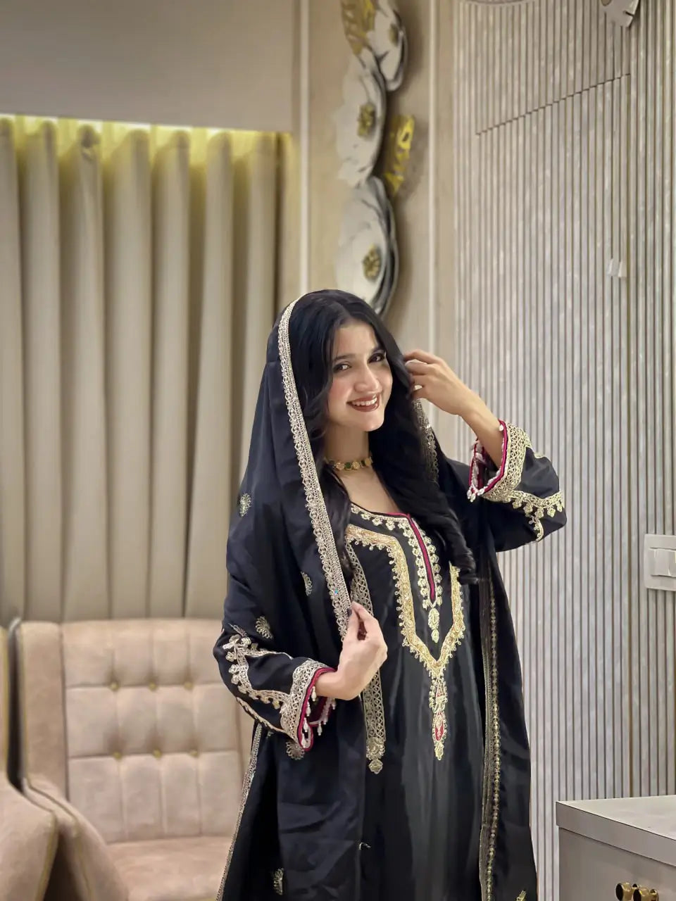 Embroidered Chinon Silk Kurti Palazzo Set with Dupatta