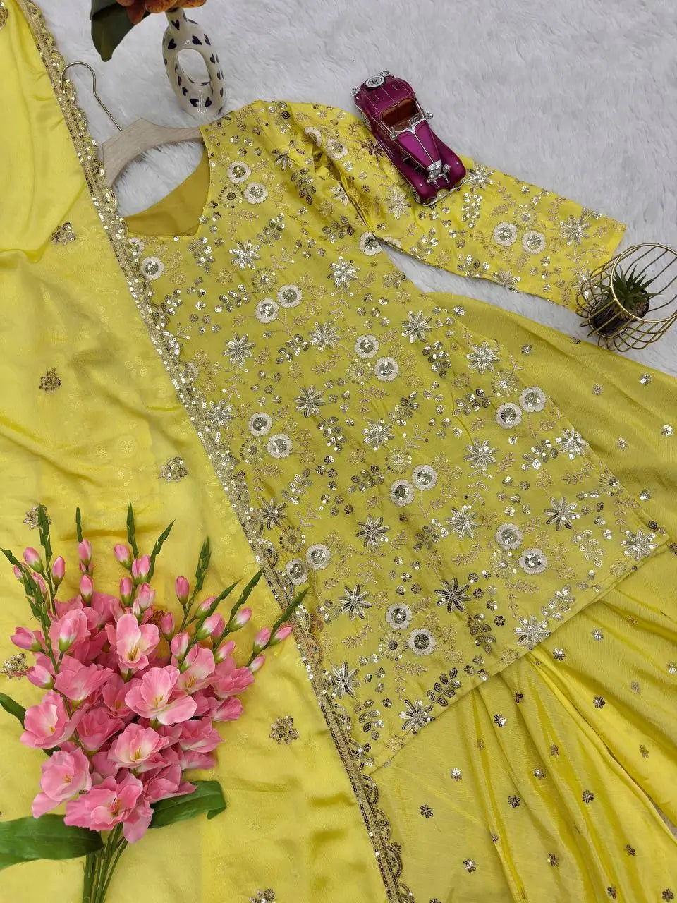 Embroidered Chinon Silk Kurti Plazzo Set