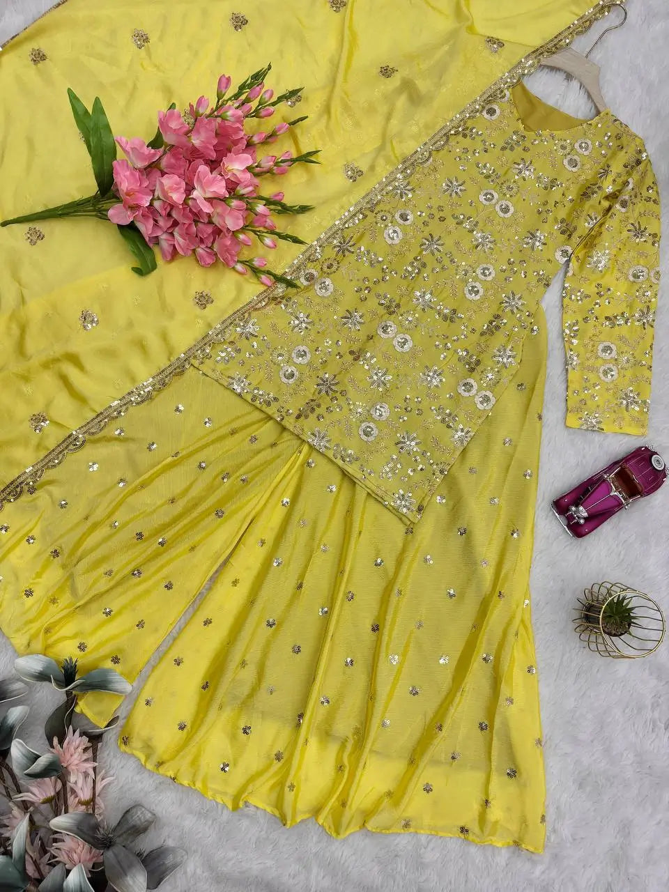 Embroidered Chinon Silk Kurti Plazzo Set for Festive and Wedding Wear