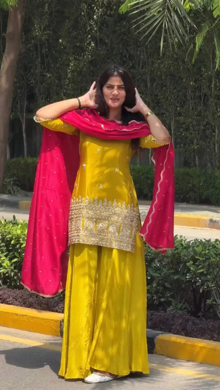 Embroidered Chinon Silk Kurti Plazzo Set for Festive and Wedding Wear