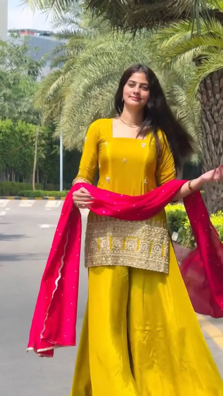 Embroidered Chinon Silk Kurti Plazzo Set for Festive and Wedding Wear
