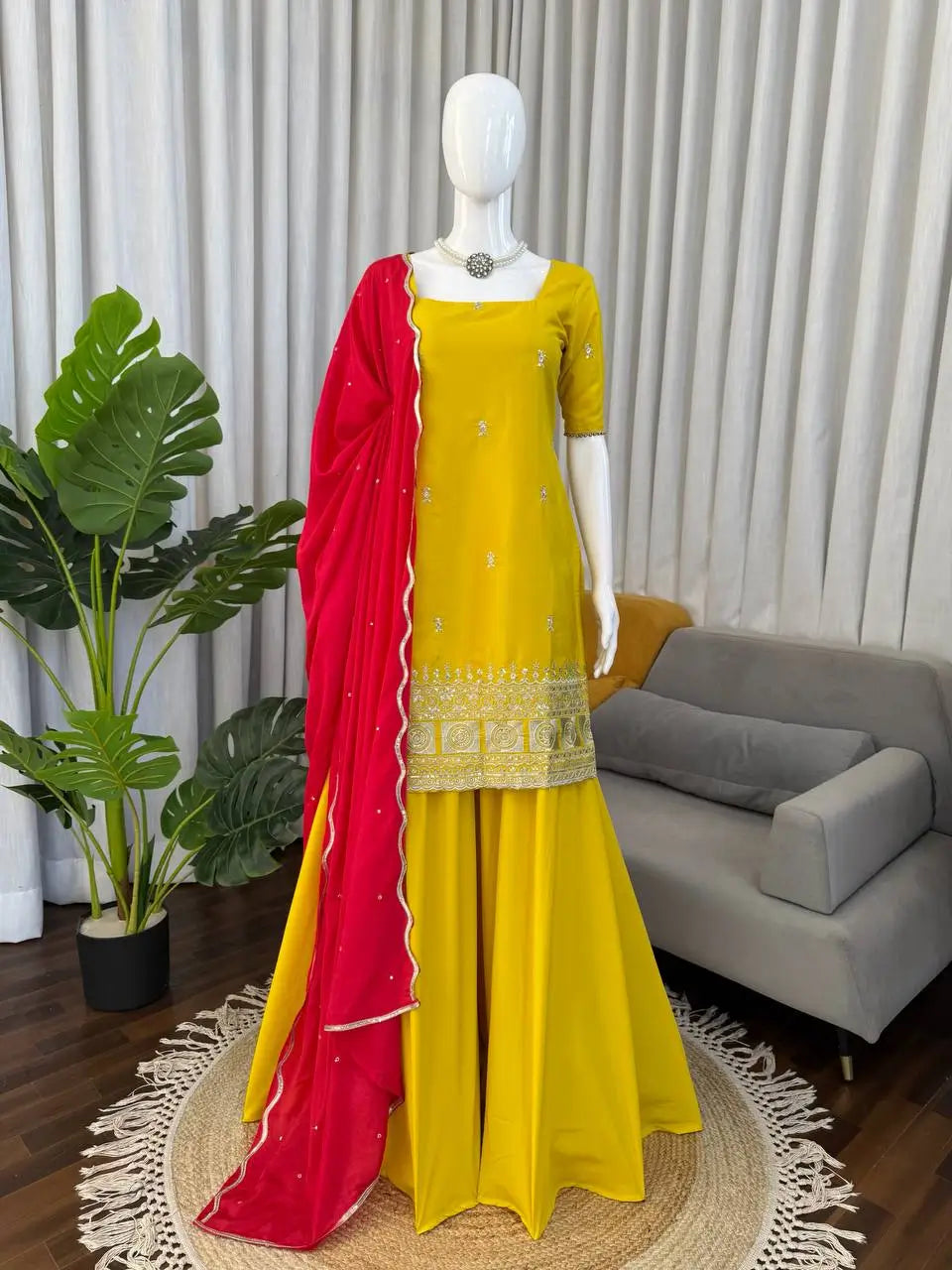 Embroidered Chinon Silk Kurti Plazzo Set for Festive and Wedding Wear