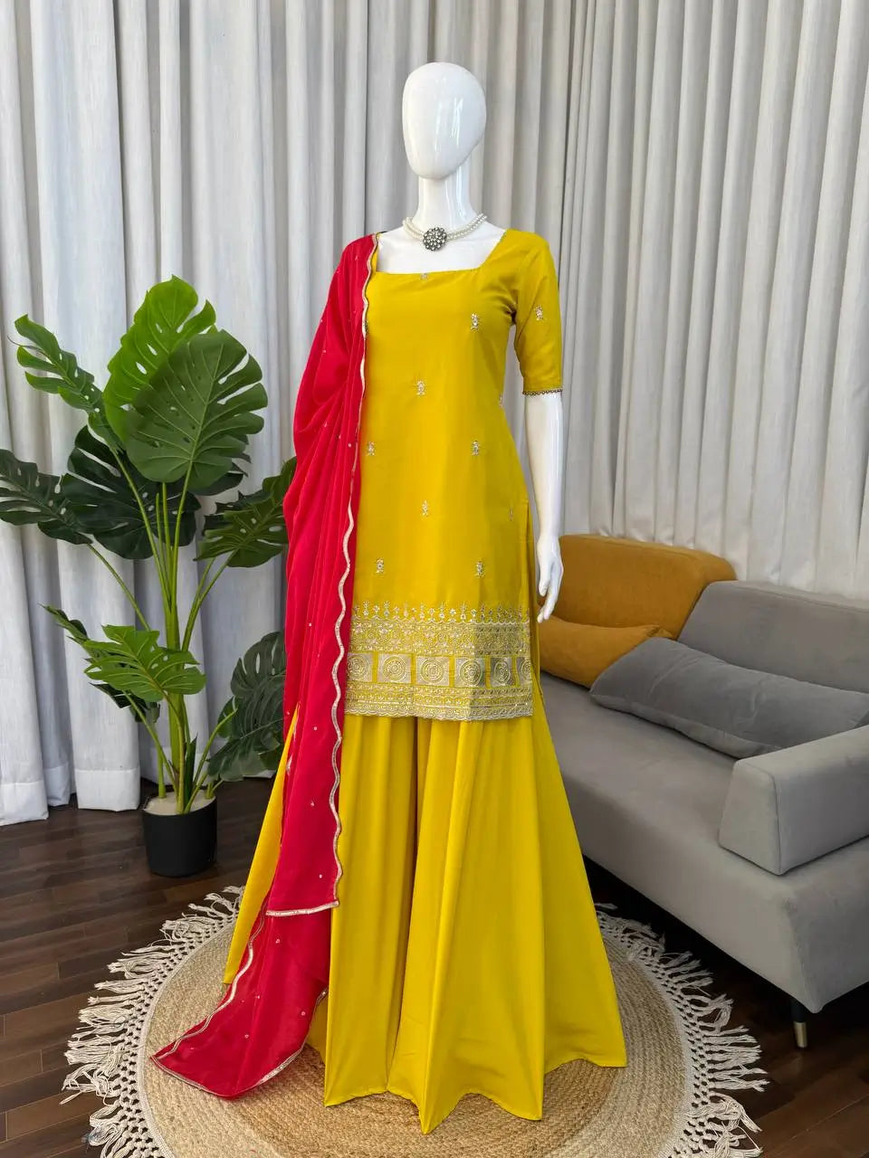 Embroidered Chinon Silk Kurti Plazzo Set for Festive and Wedding Wear