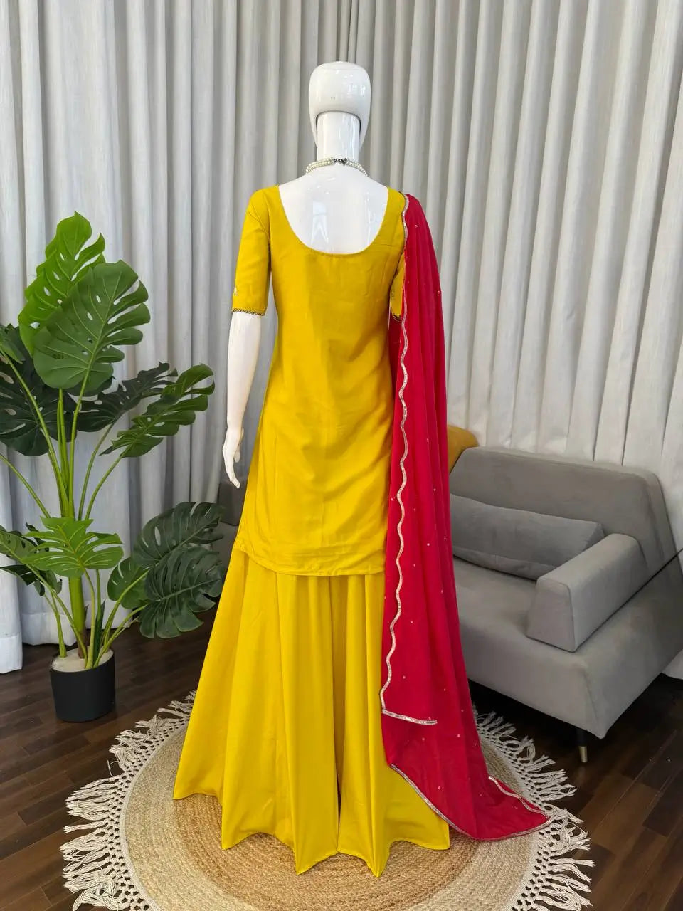 Embroidered Chinon Silk Kurti Plazzo Set for Festive and Wedding Wear