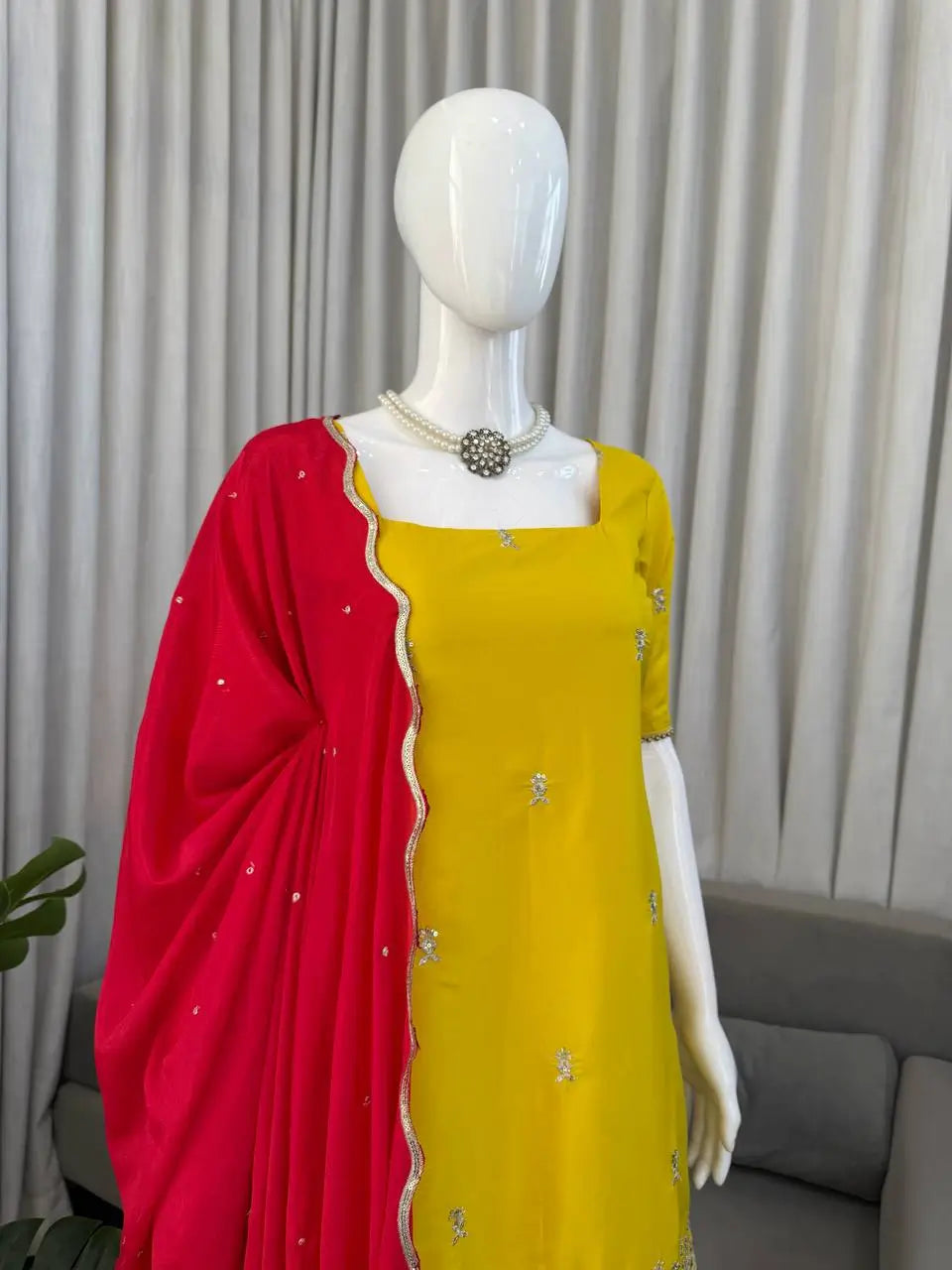 Embroidered Chinon Silk Kurti Plazzo Set for Festive and Wedding Wear