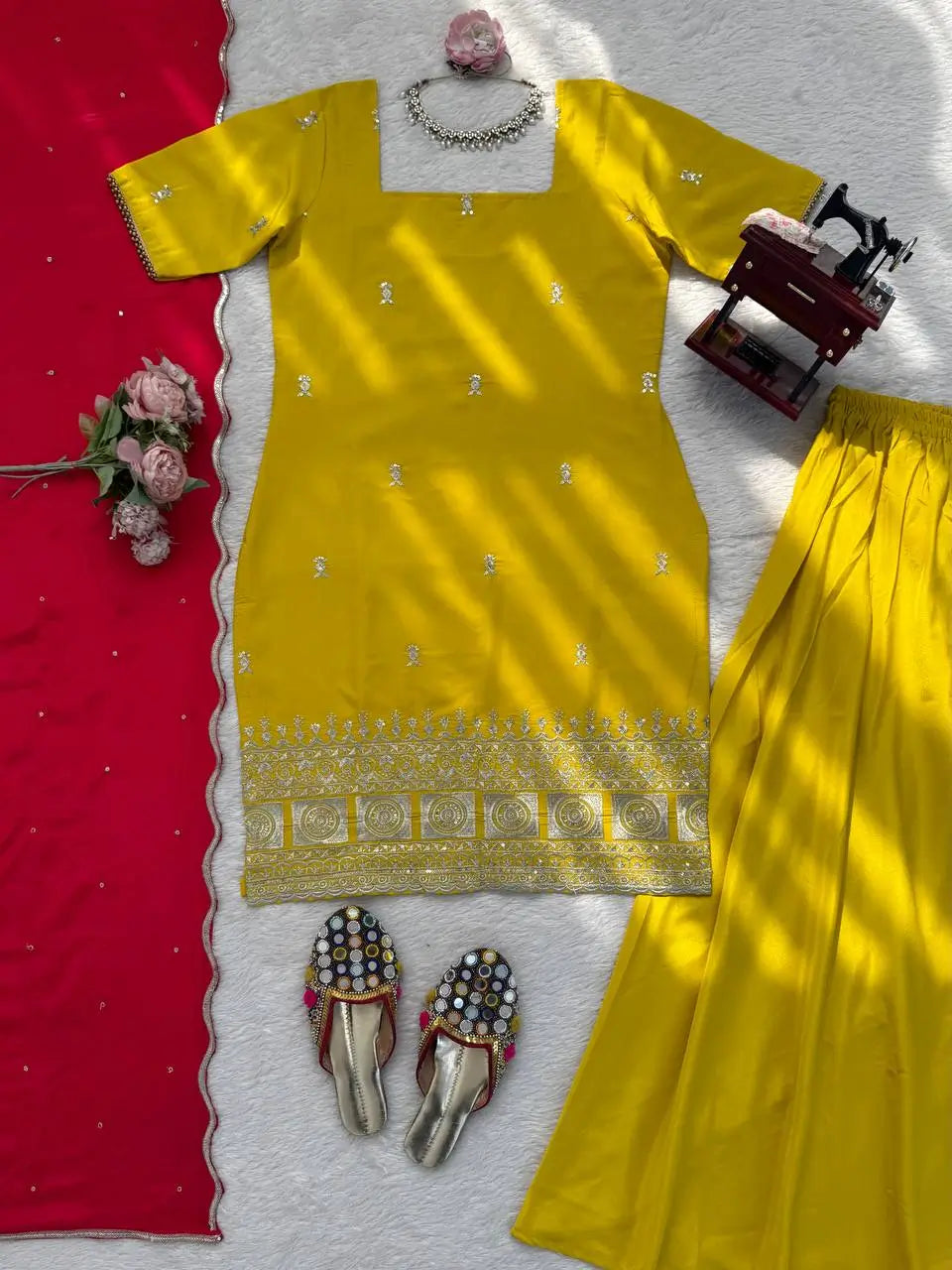 Embroidered Chinon Silk Kurti Plazzo Set for Festive and Wedding Wear