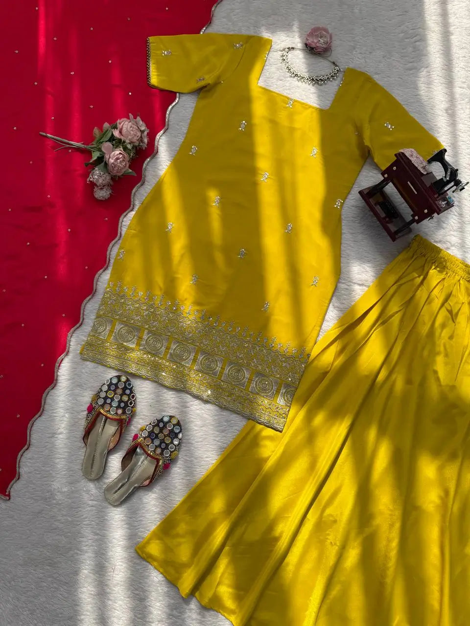 Embroidered Chinon Silk Kurti Plazzo Set for Festive and Wedding Wear